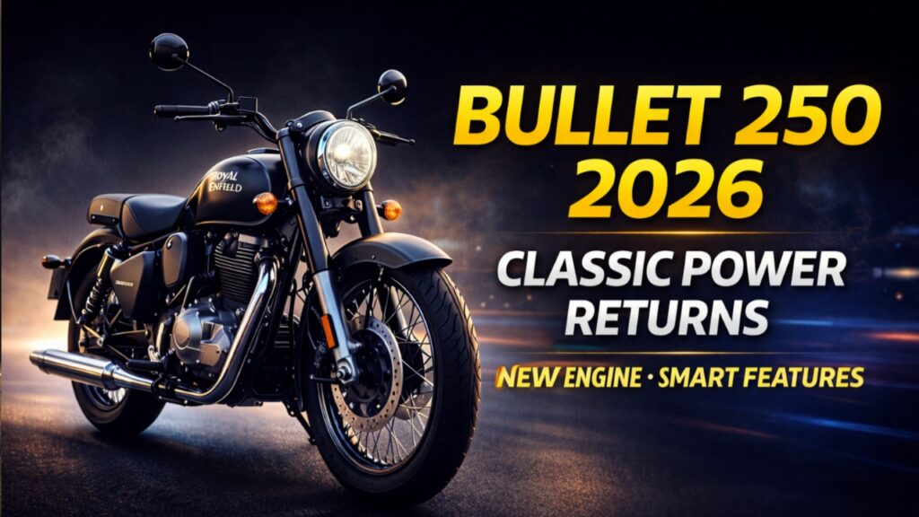 Royal Enfield Bullet 250 2026 भारत में लॉन्च हो चुकी है। जानिए इसकी कीमत, 250cc इंजन पावर, माइलेज, क्लासिक रेट्रो डिजाइन और नए स्मार्ट फीचर्स की पूरी जानकारी हिंदी में।