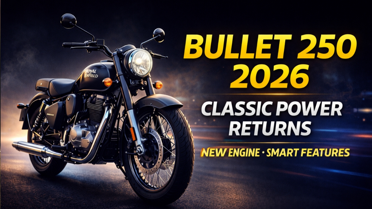 Royal Enfield Bullet 250 2026 भारत में लॉन्च हो चुकी है। जानिए इसकी कीमत, 250cc इंजन पावर, माइलेज, क्लासिक रेट्रो डिजाइन और नए स्मार्ट फीचर्स की पूरी जानकारी हिंदी में।