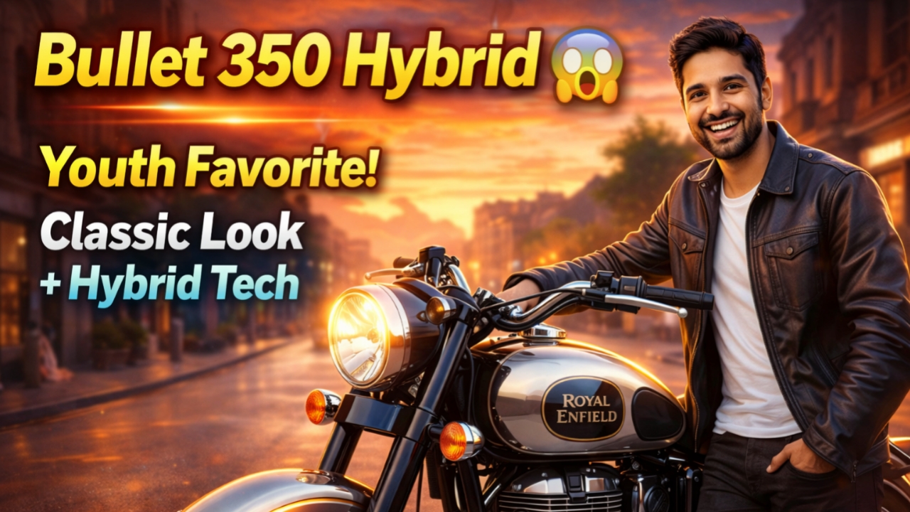 Royal Enfield Bullet 350 Hybrid युवाओं को दीवाना बना रही है। क्लासिक लुक, हाइब्रिड टेक्नोलॉजी, बेहतर माइलेज और दमदार परफॉर्मेंस के साथ पूरी जानकारी पढ़ें।